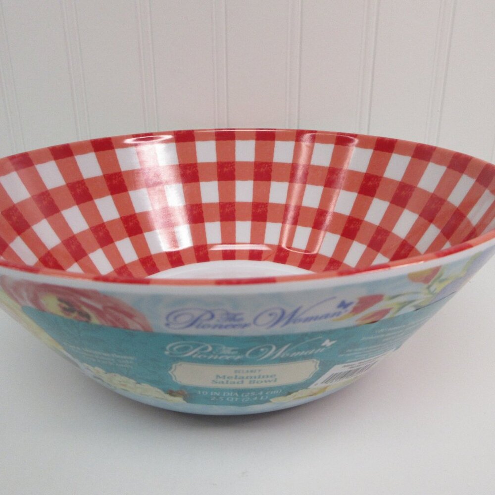 Pioneer Woman Salad Serving Bowl Delaney Floral Red Check Melamine 10"dia 2.5Qt